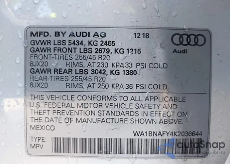 2019 Audi Q5 45 Premium z USA, uszkodzony, nr VIN WA1BNAFY4K2036644